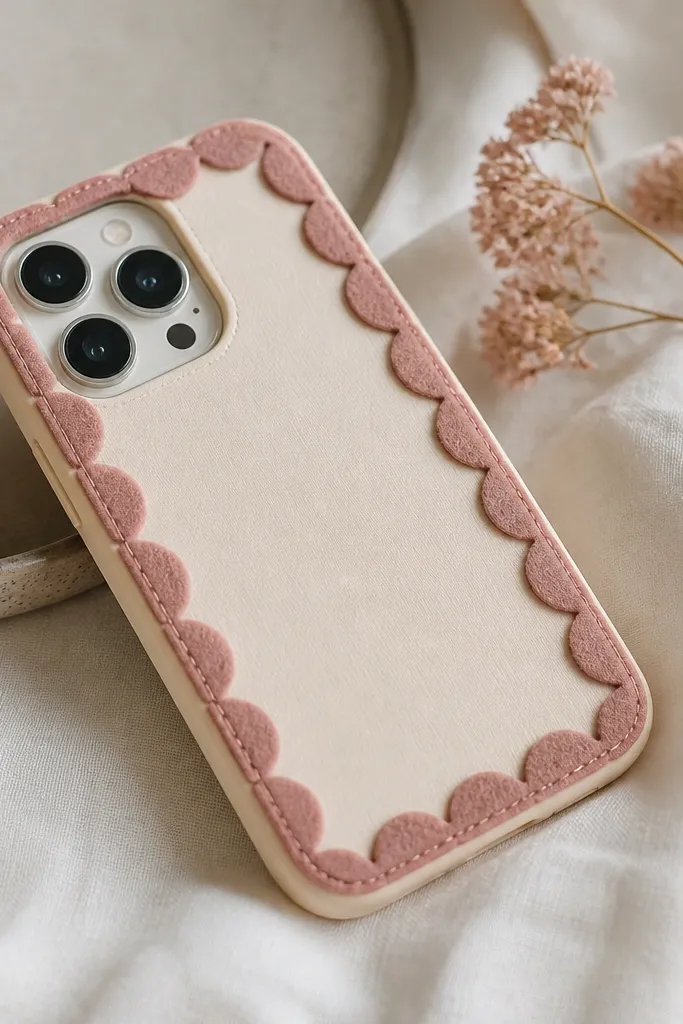 A light cream phone case with a dusty rose scalloped border running around the perimeter. The scallops are evenly spaced like crochet, but they're made from felt pieces. The border sits slightly above the screen edge.