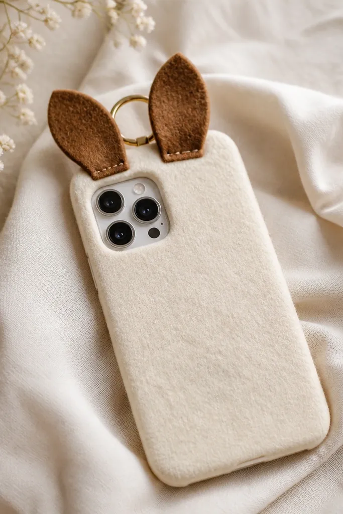 A phone case with small chocolate-brown felt bunny ears on the upper back panel. The ears are stitched at the base, and a mini keychain ring sits behind them. The rest of the case is cream felt, with the camera cutout exposed cleanly.