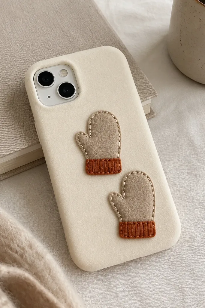A cream phone case with two small mitten shapes on the back. Each mitten is oat felt with a rust cuff. The mittens look like they're sewn on, with visible running stitches around the edges.
