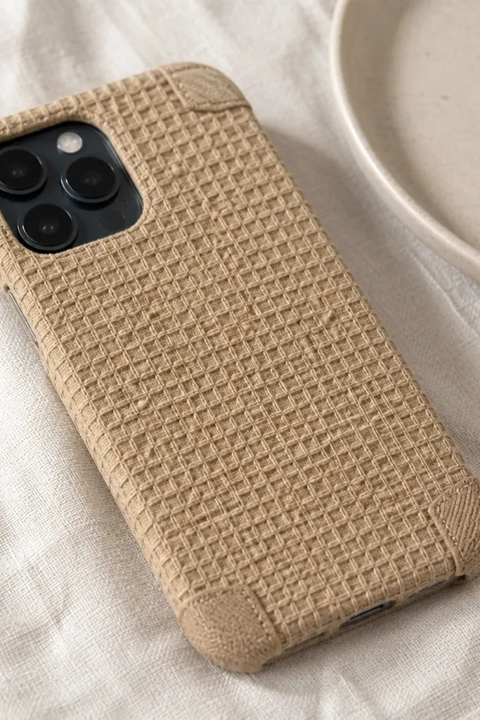 A tan phone case with a waffle-texture fabric wrap. At each corner, small tabs fold over the edge and are stitched down. The camera opening is cut cleanly and the fabric edges look sealed.