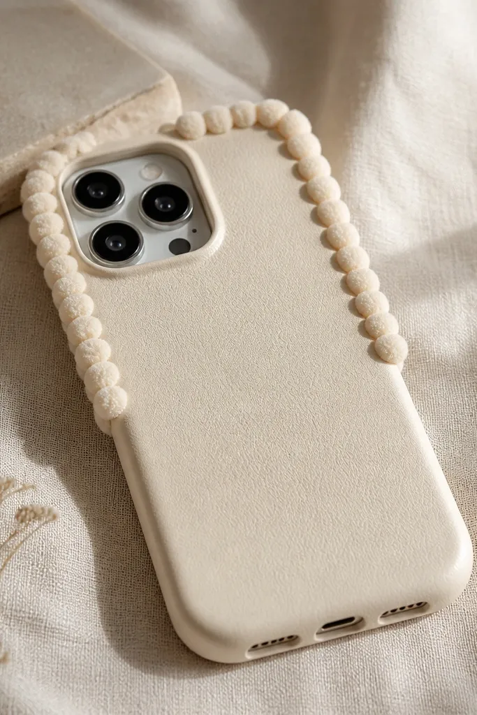 A cream phone case with tiny pom-pom trim placed along the top and sides of the back. The pom-poms are short and dense, with a soft, rounded look. The bottom edge stays clean for charging and speaker areas.