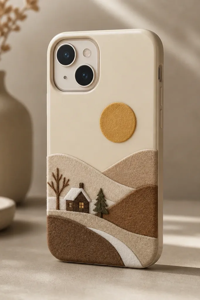 A phone case showing a tiny winter scene: layered felt hills in cocoa and oat, with a vinyl sun circle in warm yellow on the upper back. The scene sits centered under a clear top laminate or smooth protective layer. The camera cutout remains unobstructed.