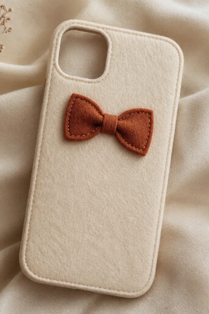 A cream felt phone cover with a small rust bow tie on the upper back. The bow has two loops and a center knot piece, all stitched. The edges of the felt base are trimmed and sealed, and the camera cutout is crisp.