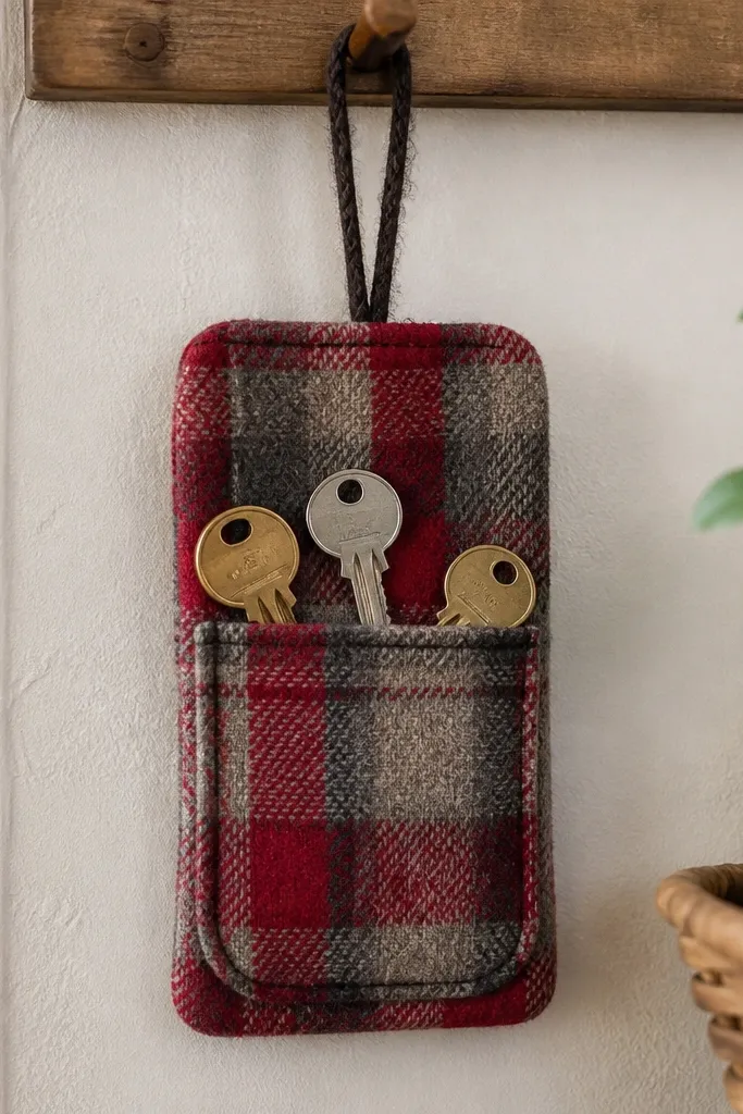 A small vertical wall pouch made from red-and-gray flannel, with a stitched pocket on the front and a dark twine loop at the top; three keys sit inside the pocket.