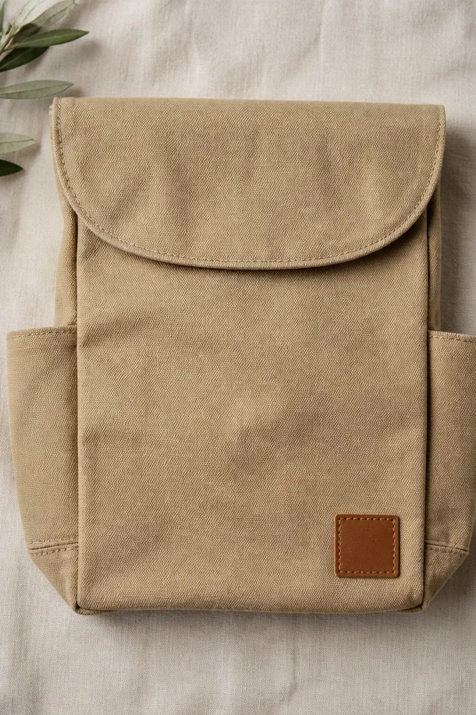 A canvas pouch with a top flap and side pockets, shown laid flat; a small leather patch label sits near the bottom corner.