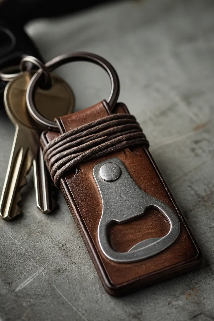 A small leather rectangle with a bottle opener riveted to it, wrapped with thick waxed cord loops; the tag hangs from a car key ring.