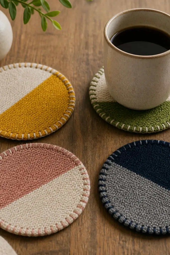 Four round coasters made from knit sweater fabric, each with a different color block and a stitched border; they sit on a wooden table with a mug.
