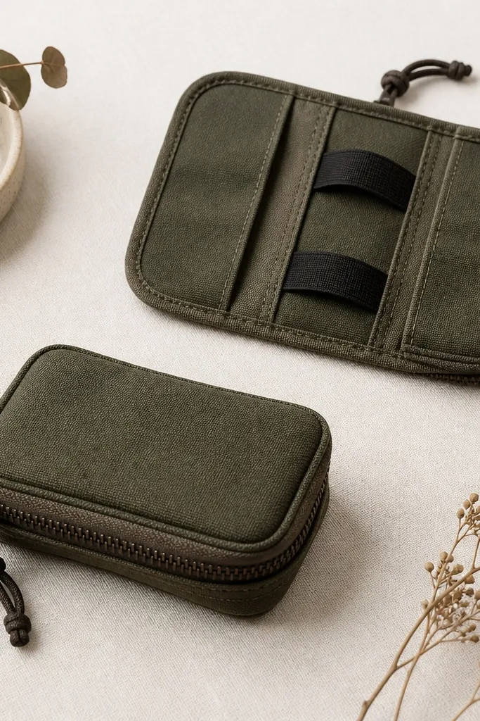 A small zippered pouch made from sturdy fabric, with two elastic loops inside and a folded layout shown on top.
