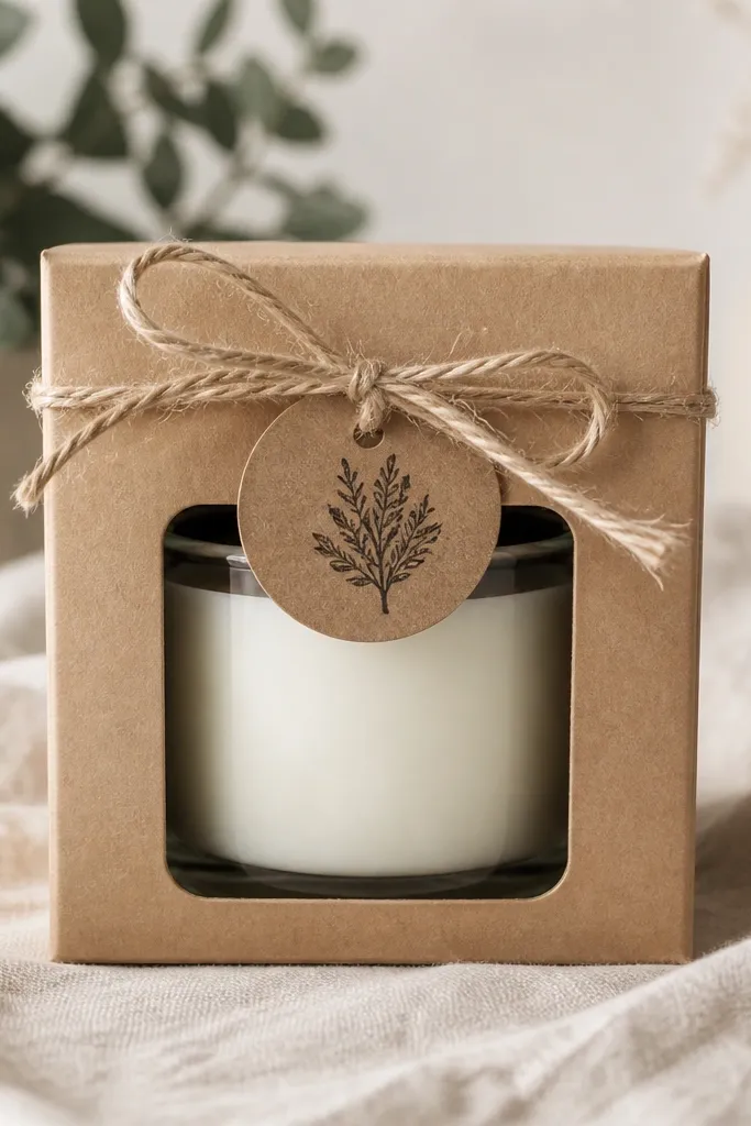 A small brown paper sleeve around a clean candle jar, with a knotted twine bow and a stamped label; the jar is visible through a window cutout.