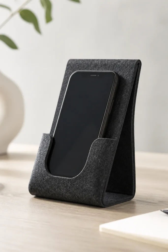 A standing felt phone holder in charcoal color with a curved cutout, shown holding a phone at a slight angle.