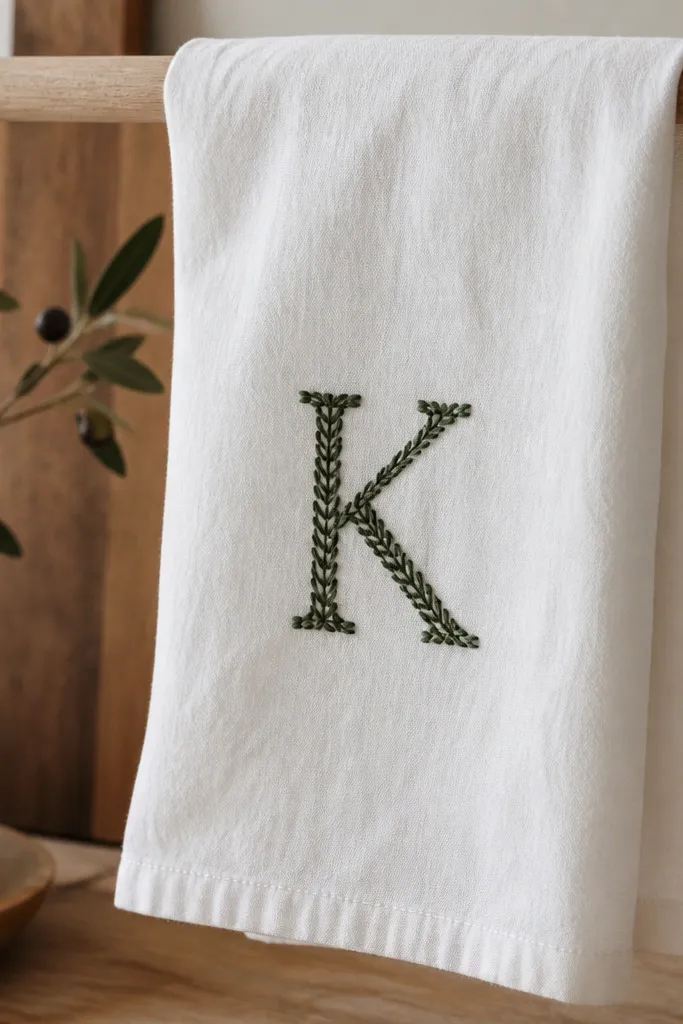 A white tea towel with a single embroidered letter in dark green thread, the stitches clearly visible and evenly spaced.