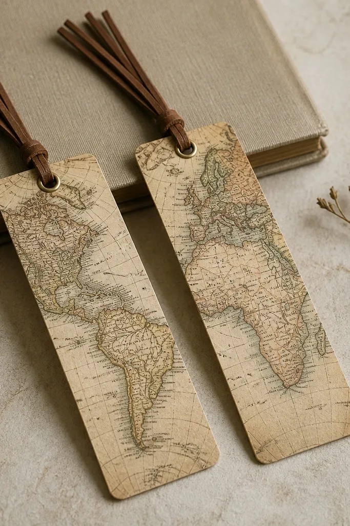 Two bookmarks with vintage map print paper, each topped with a thin leather tassel and a small metal eyelet.