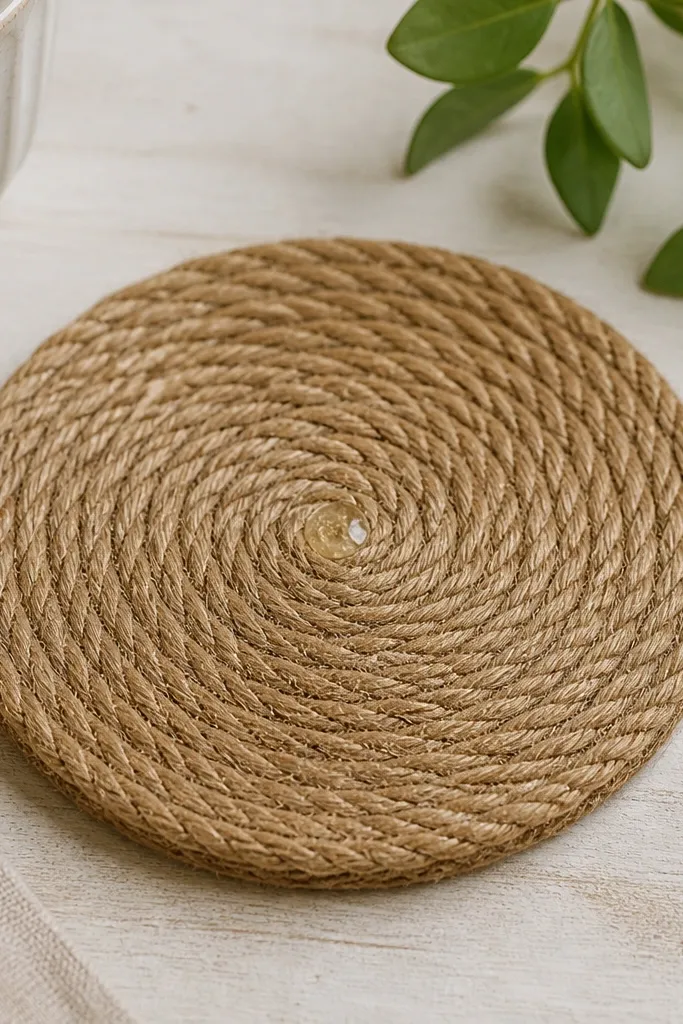 A round coaster made from tightly coiled jute rope, with a cork circle backing and a small drop of clear glue at the center seam.