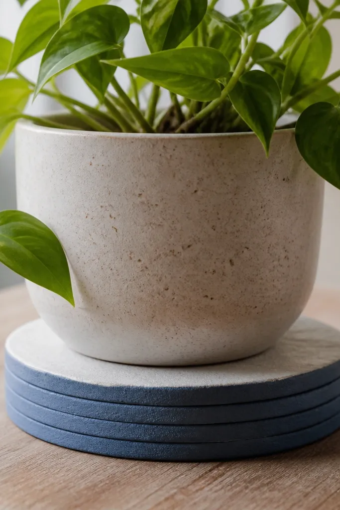 A small round saucer made from stacked coasters or beer mats, with a painted rim in muted blue and a plant pot sitting on top.