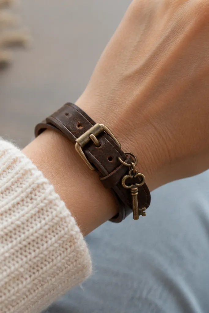 A leather watch band repurposed into a bracelet with a small key charm attached; the band wraps around a wrist.