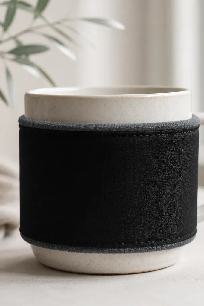 A simple mug sleeve in gray fleece with a black outer fabric, shown hugging a ceramic mug; a small seam line is visible.