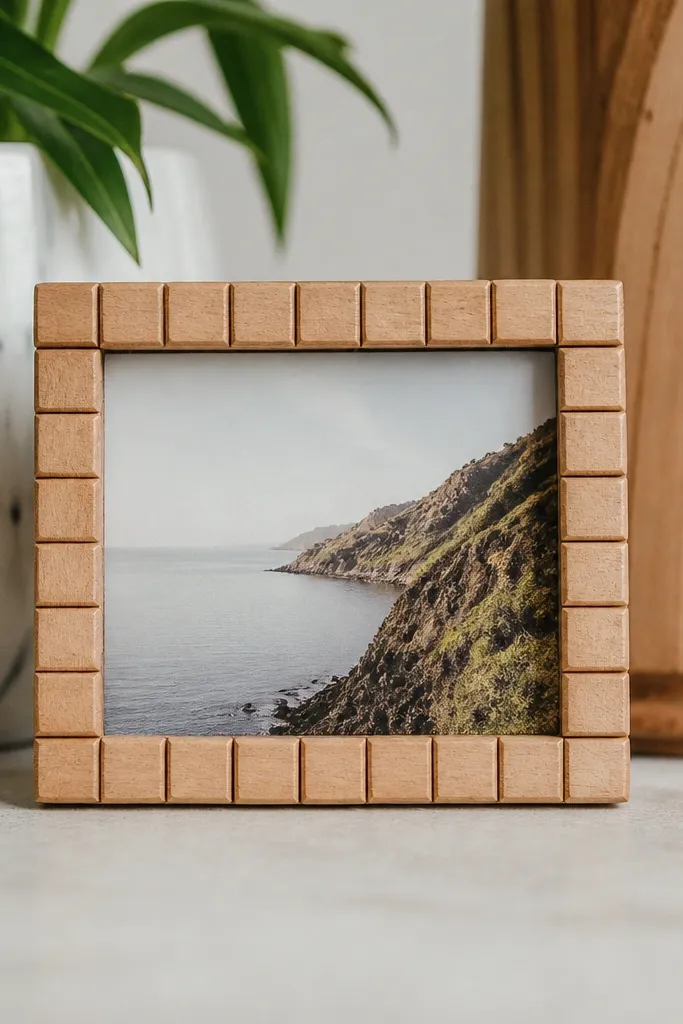 A tiny frame holding a printed photo, bordered with small wooden scrabble tiles glued in a tight rectangle.