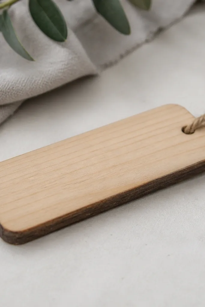 A small rectangular pine wood strip with rounded corners and a dark stain edge, with a thin twine loop at one end.
