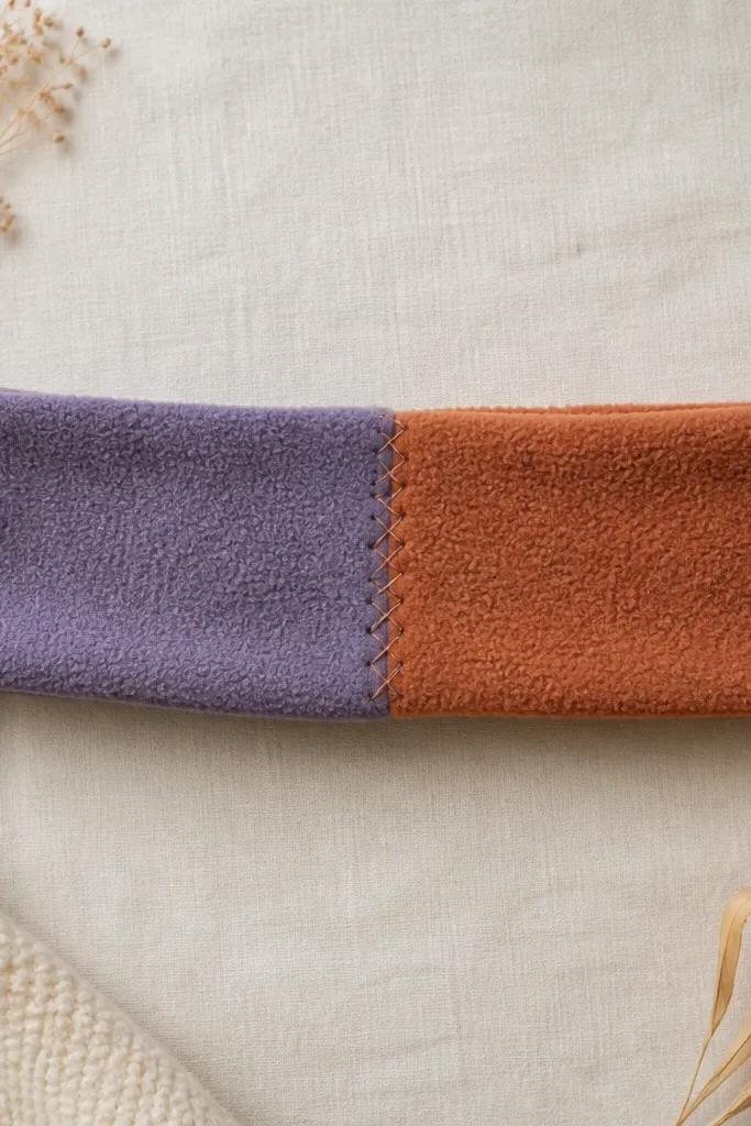 A wide headband made from two fleece scraps stitched together in a patchwork pattern, shown stretched slightly on a flat surface.