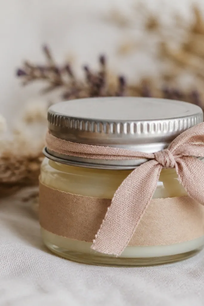 A small glass jar filled with lip balm, with a handwritten label on kraft paper and a tied ribbon around the lid.