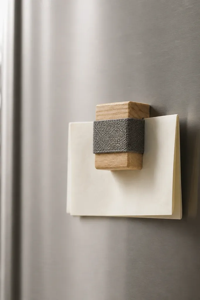 A small block-shaped clip made from wood with a fabric sleeve, holding a folded note against a metal surface.