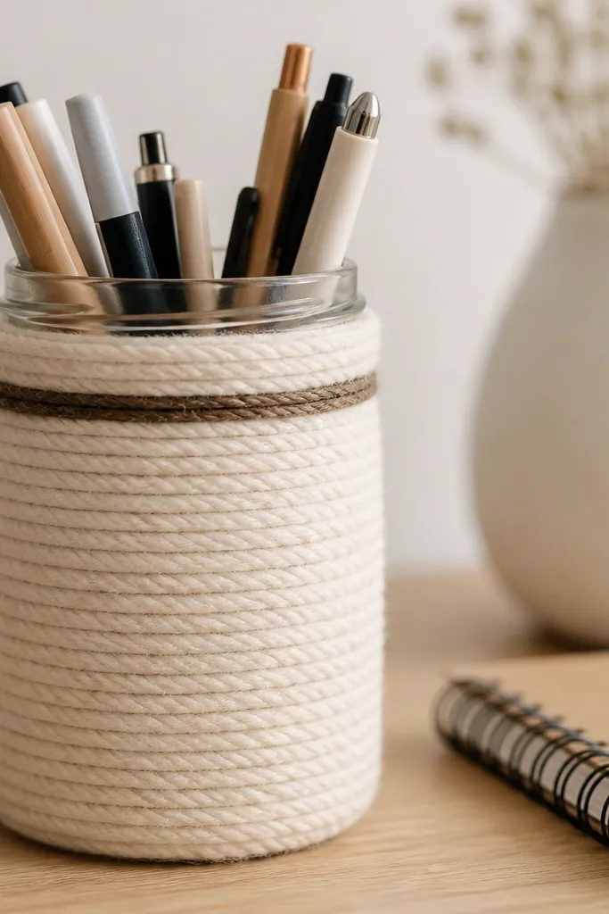 A mason jar wrapped tightly in cream yarn with a thin dark twine band near the top; pens and markers inside.