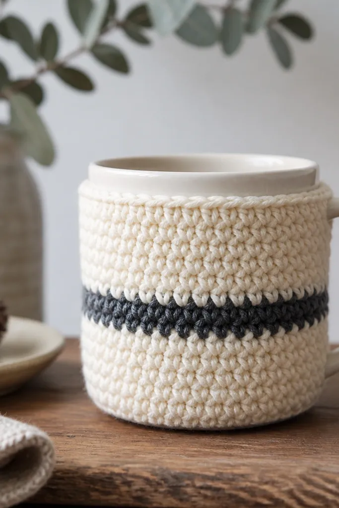 A cream and charcoal mug cozy made from thick yarn, worked in half-double crochet with a slightly textured surface, snug around a ceramic mug; the cozy has a neat top edge and a small color-contrast stripe near the middle.