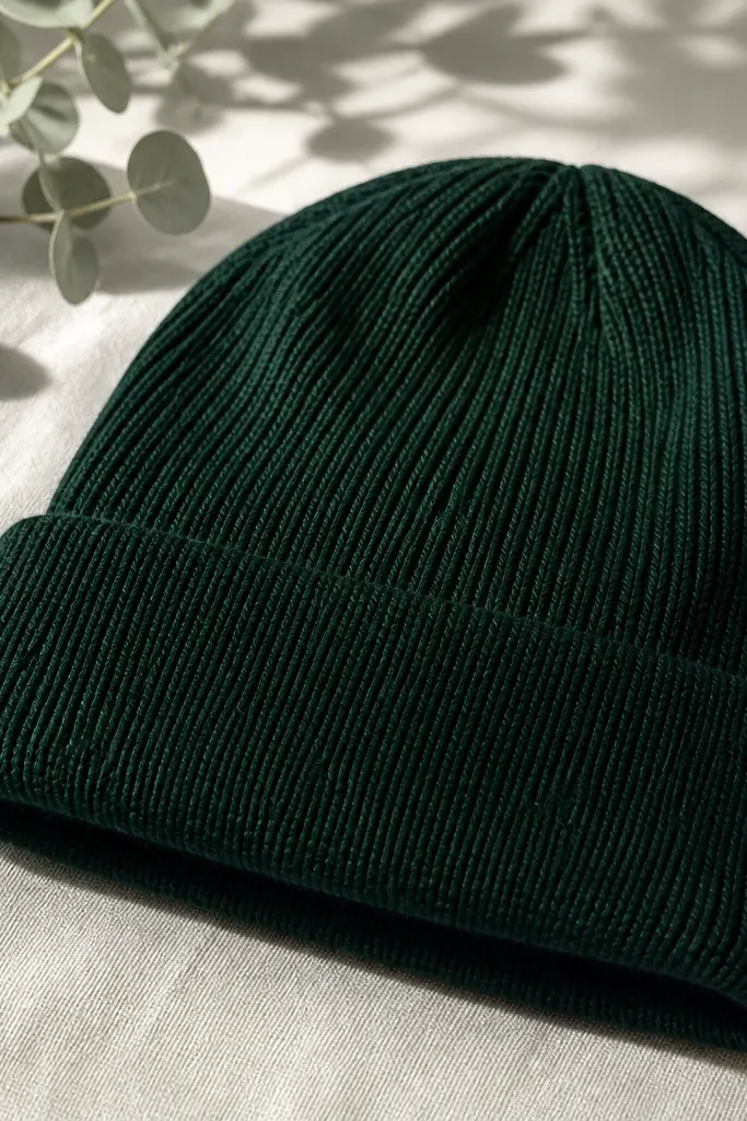 A dark green beanie with visible ribbing made from a 2x2 texture pattern; the top is rounded and neatly closed, with a clean fold-over brim and an even stitch pattern.