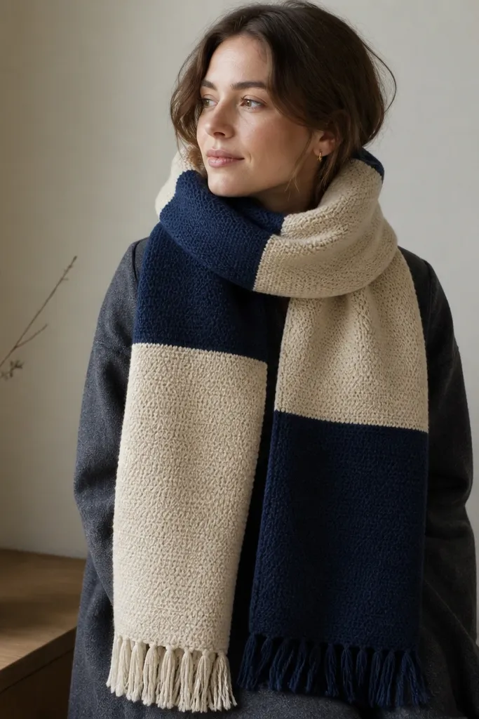A two-tone scarf in navy and oatmeal with alternating sections; the edges are finished with tight single crochet trim, creating straight borders; the ends are neatly left with short fringe.