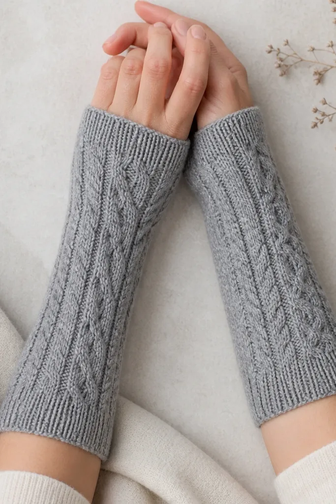 A pair of wrist warmers in heather gray with a cable-like twist pattern; they sit flat, with ribbed cuffs and a snug fit around a forearm; no thumb openings.