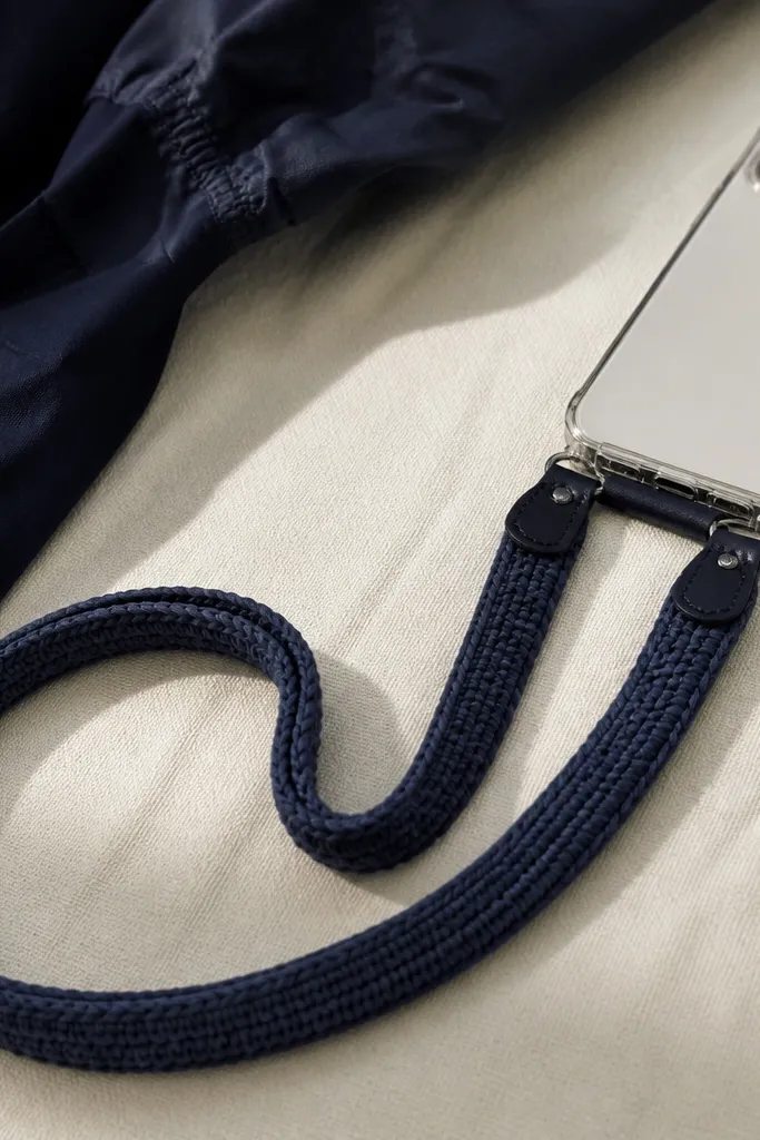 A crochet phone strap with a woven, webbing-like texture; it's made in a single long piece that loops through a phone case attachment; colors match a navy jacket and has small end tabs.