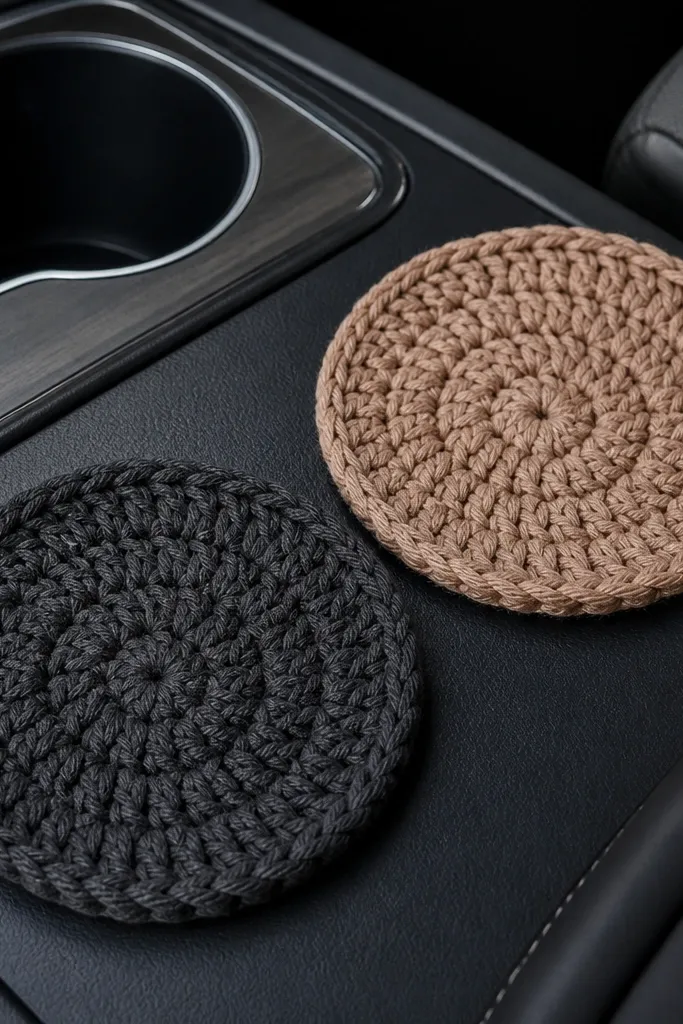Two round crochet coasters in thick yarn, one in charcoal and one in tan; they sit flat on a car center console style surface with clean edges and a subtle raised texture.