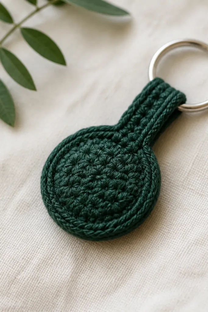 A small crochet keychain in dark green with a loop and a stitched charm area; it has a neat flat back and a small metal ring attached at the top.