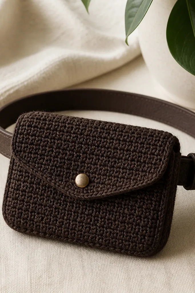 A small belt pouch crocheted in dark brown with a structured, leather-like surface; it has a flap with a button and a slim strap loop; the stitching is tight and uniform.