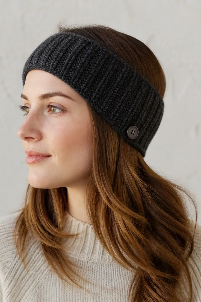 A narrow ear warmer headband in charcoal yarn with a ribbed texture; it has small button closures on each side and sits flat like a structured band.