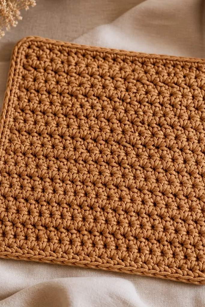 A crochet blanket square in warm tan with a simple textured pattern; the edges are finished with a clean border and the square looks uniform and thick.