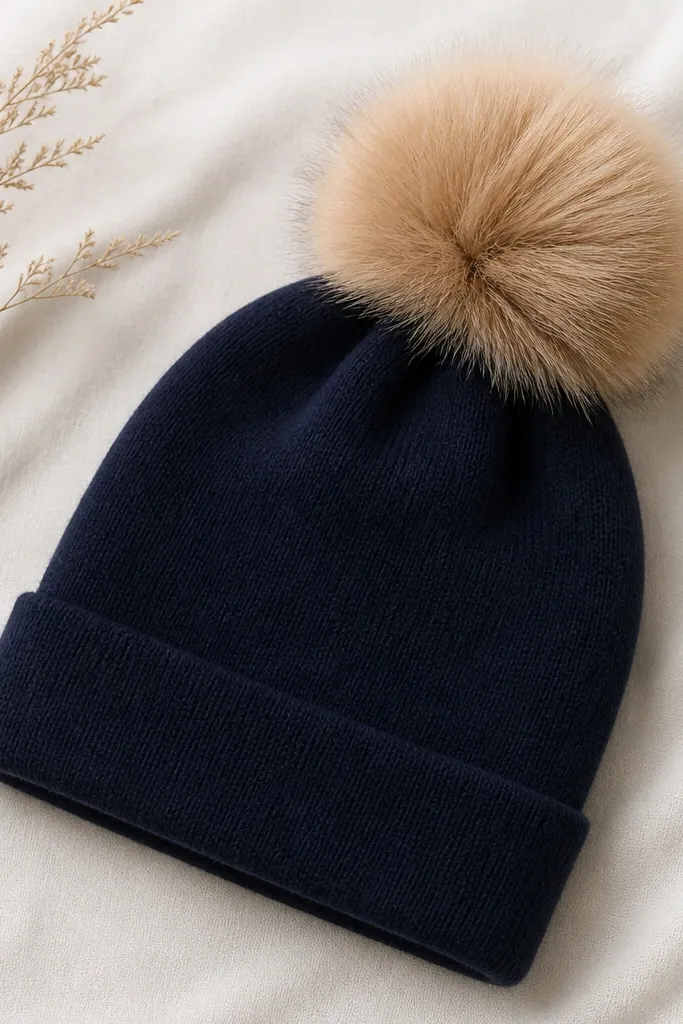 A beanie with a neat faux fur pom-pom attached at the top; the hat body is solid and plain, and the pom contrasts in color with a fluffy texture.