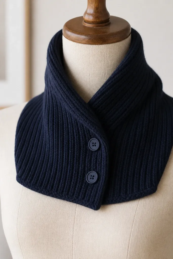 A neck wrap cowl in dark navy with a ribbed vertical texture that resembles a cardigan front; it drapes around a mannequin neck with a neat fold and clean edges.