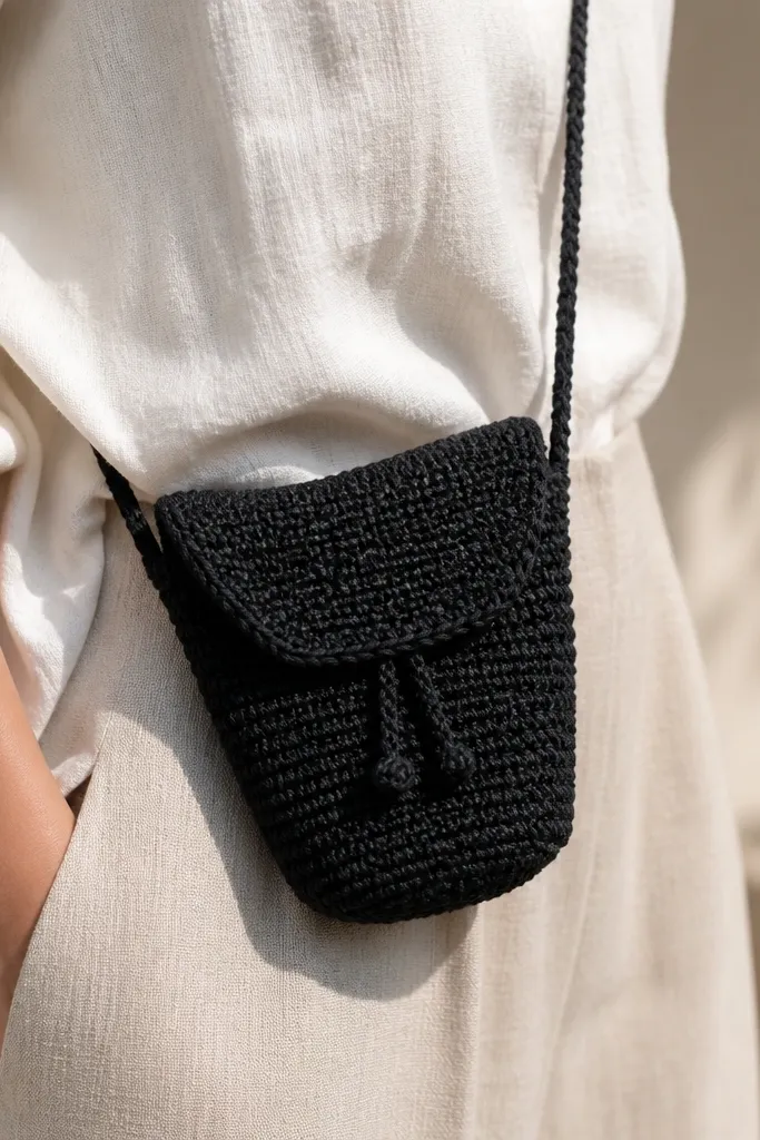 A small crochet pouch with a sling strap in black yarn; it has a drawstring-like opening or flap and sits like a pocket on a bag; the stitches are tight and structured.