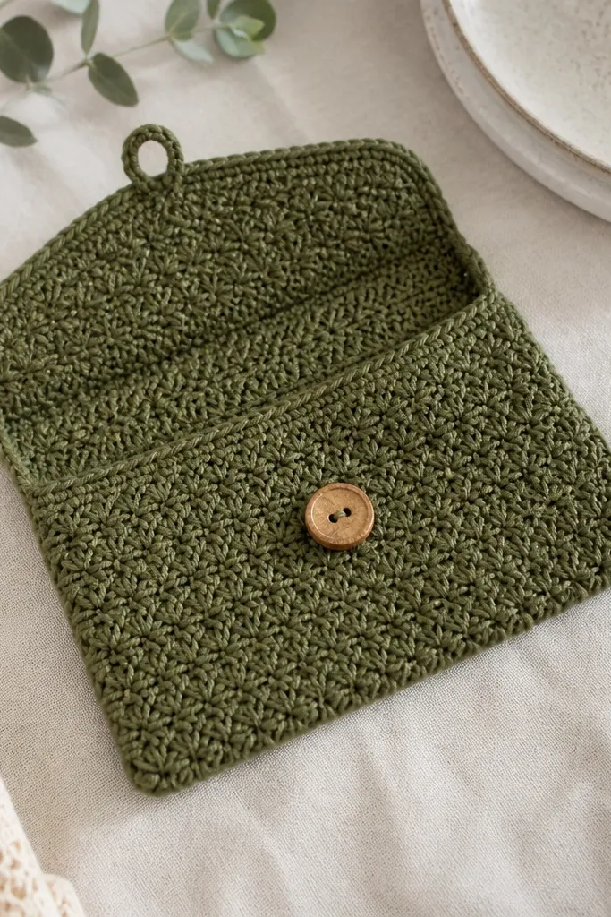 A flat crochet snack cozy with a top flap and button closure; it's made in a muted olive color with a textured stitch surface, lying open to show the inside.