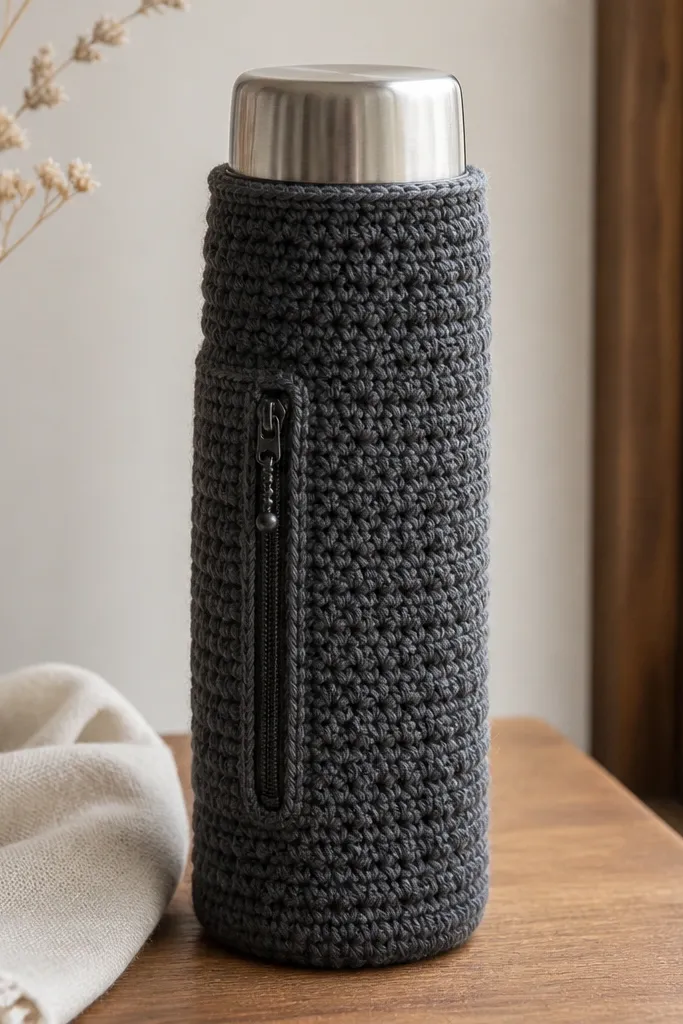 A tall thermos cozy crocheted in dark gray with a textured body; it has a stitched zipper pocket on one side and a neat top opening around the thermos lid.