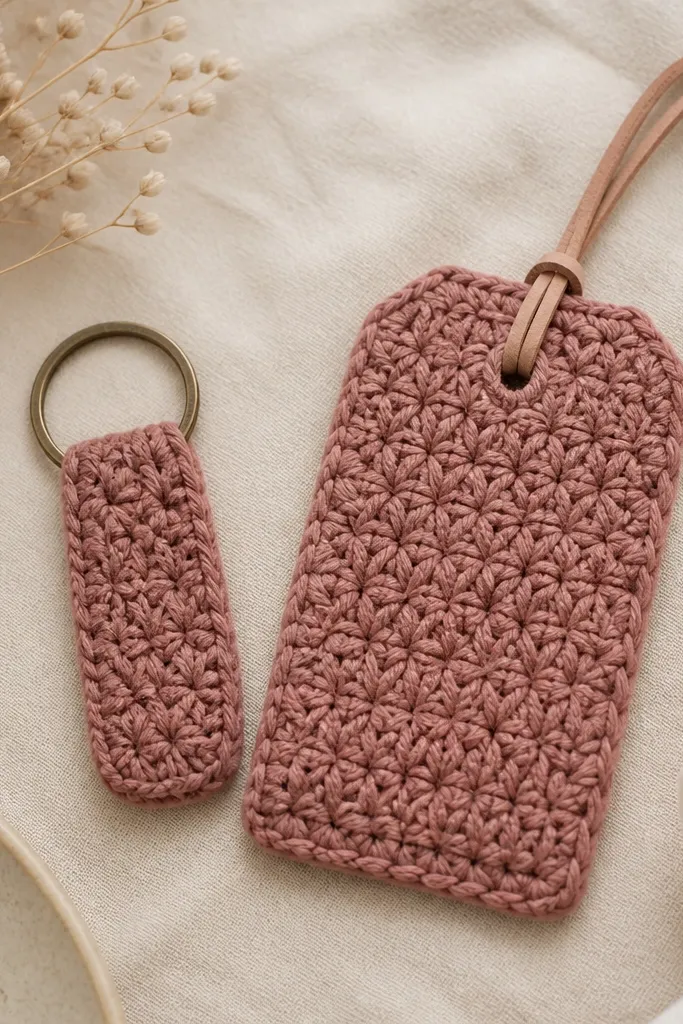 A set of two matching crochet items: a small key fob with a metal ring and a bag tag with a hole and strap; both pieces share the same stitch texture and color.