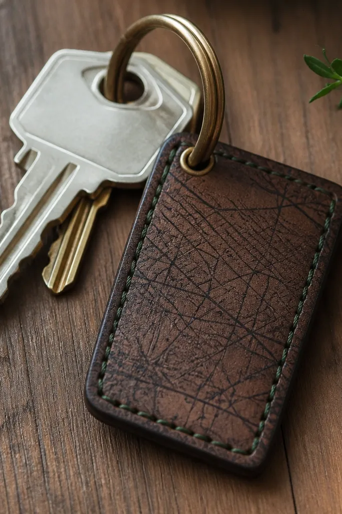 A small key fob made from a reclaimed picture frame backing, stamped with a vintage map pattern. It has a dark walnut stain, a brass keyring, and a stitched edge in deep green thread. The photo shows the fob hanging from a set of keys on a wooden table.