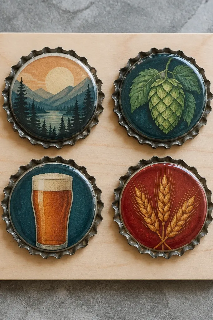 Four bottle cap coasters arranged in a grid on a pale wood board. Each cap has a different beer label graphic sealed under clear resin, with tiny cork pads on the back. The board has a light sanded finish and small corner rounded edges.