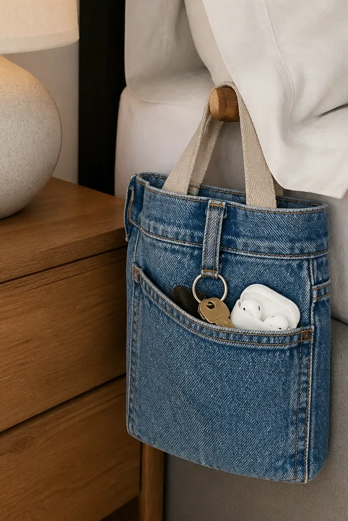 A small catchall organizer made from the leg of old blue jeans, with a visible pocket and belt-loop detail. It hangs from a sturdy strap and has clean top stitching. The photo shows it beside a nightstand with keys and earbuds inside.
