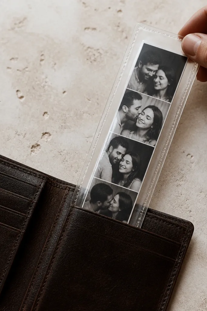 A slim wallet insert made from clear plastic sheet protector sleeves, with a narrow photo strip inside. The photos are cropped into black-and-white, and the insert sits inside a dark leather wallet. The image shows the insert pulled out to reveal the strip.
