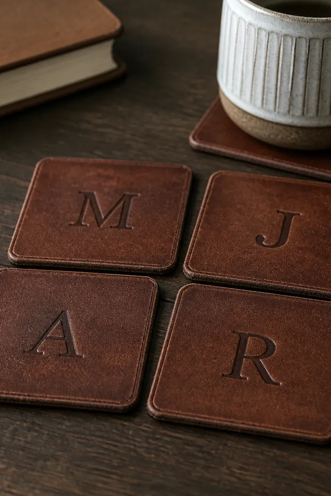Four square leather coasters cut from an old belt, each with a heat-stamped letter in the center. The leather shows natural grain and a slightly worn edge. They sit on a dark wooden desk with a mug in the background.