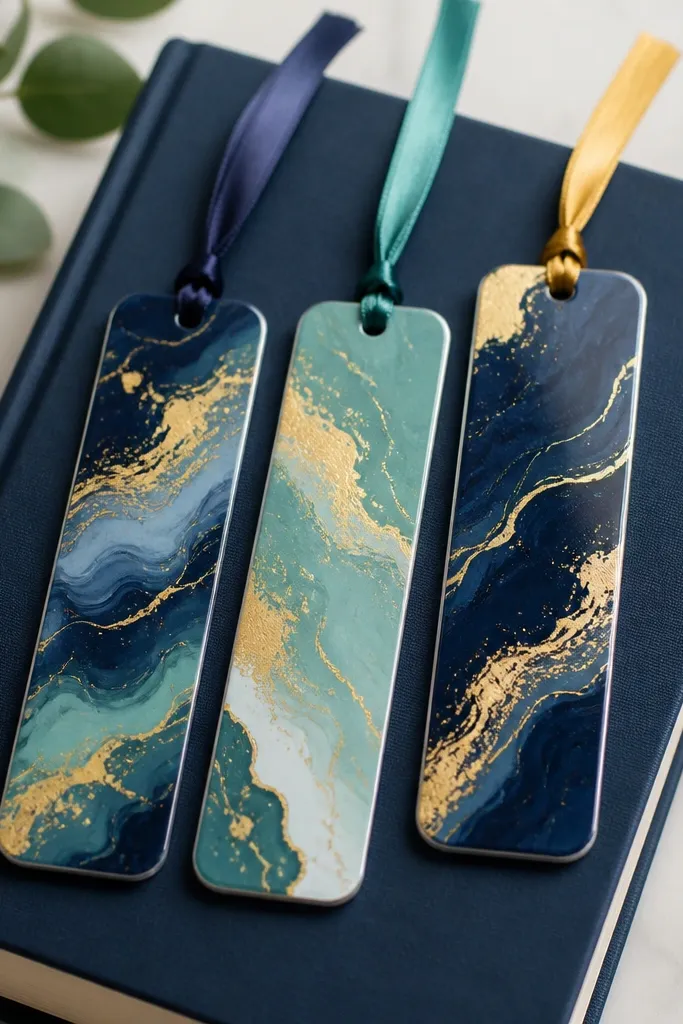 Three glossy bookmarks with marbled acrylic paint patterns in navy, teal, and gold. Each bookmark has rounded corners, a laminated top, and a thin satin ribbon tassel at the end. They lie on top of a hardcover book.