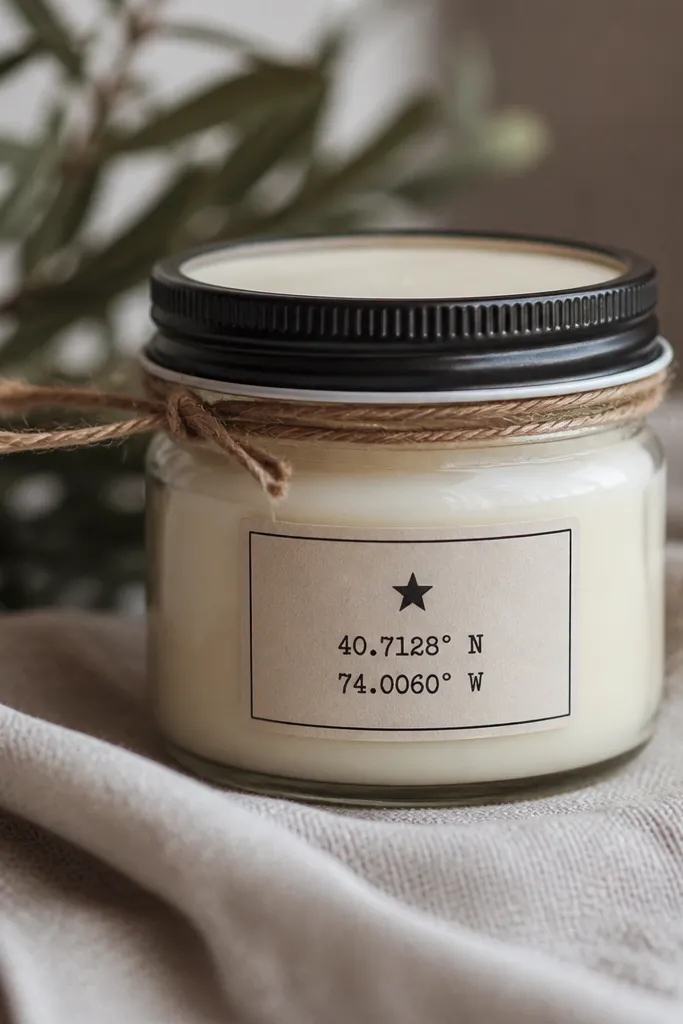 A small jam jar candle with a stamped coordinate marking on the glass. The jar has a simple twine wrap around the lid and a soy wax top with a clean, level surface. The label area shows black ink text with a tiny star icon.