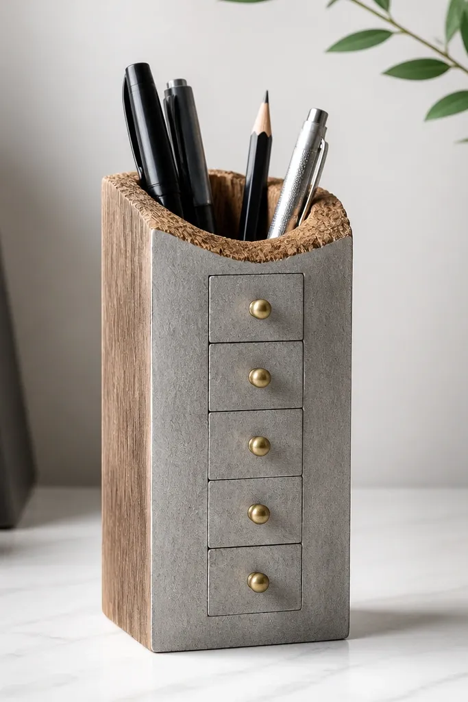 A tall pen holder made from a cut wooden block with small drawer knobs set into the front. The front has a concrete-look gray finish, and the knobs are brushed brass. Pens and a small pencil are inside, visible through a rough-sanded opening.